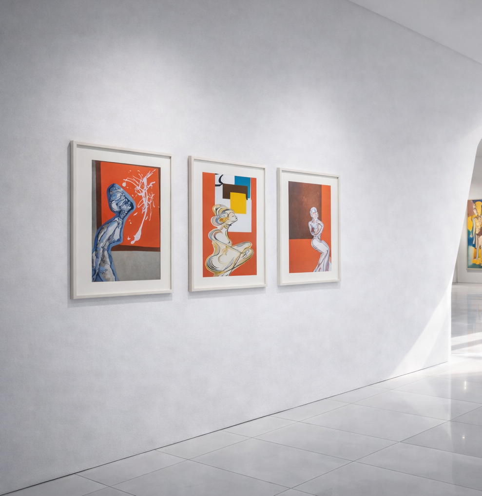 Three works presented on a white gallery wall