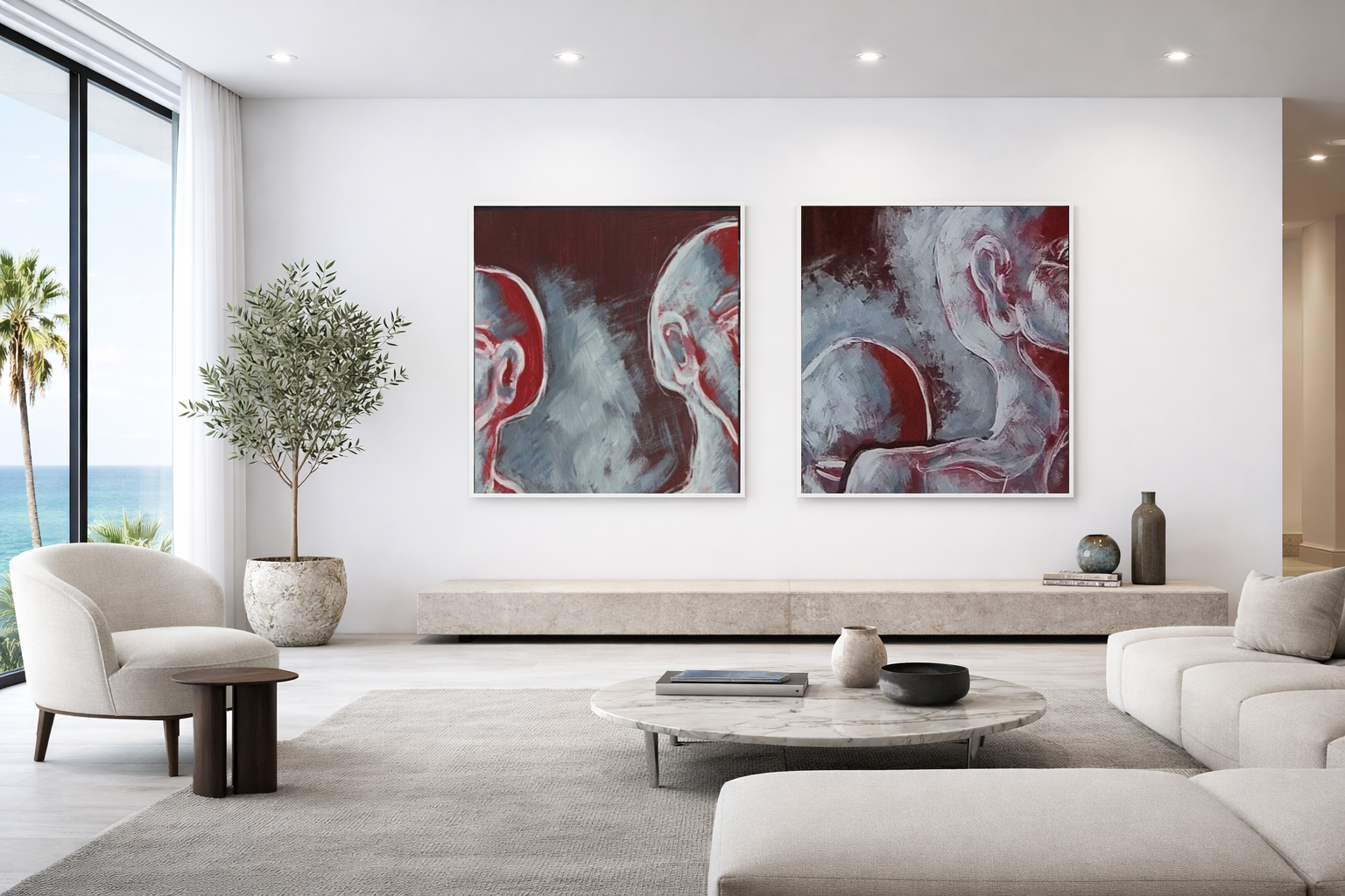 Two artworks shown in a refined interior